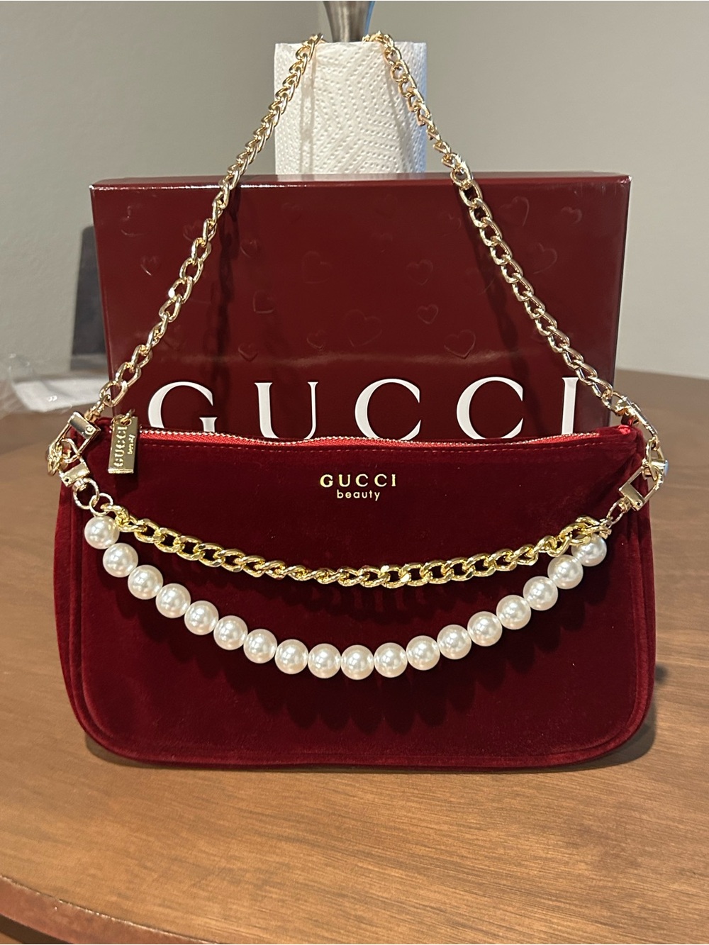 Gucci Beauty Red Velvet Pearl-Trim Shoulder Bag VIP GWP